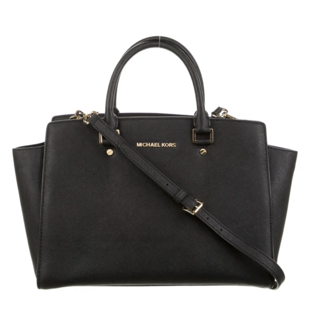 Michael Kors Black Leather Maxine Med Satchel with Gold Accents Women's